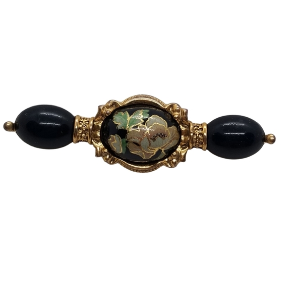 1928 BRAND VICTORIAN REVIVAL  BLACK & GOLD CLOISONNE FLORAL ORNATE BROOCH - Picture 1 of 3